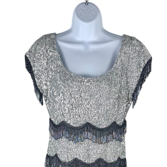 Batsheva NEW Octavia Cocktail Party Formal Midi Dress in Silver Sequin Size 6 - Picture 7 of 13